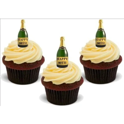 Image of Personalised Champagne Bottle Happy 80th 12 Edible Stand Up Premium Wafer Card Cake Toppers Decorations