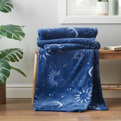 Image of Sassy B Astrology Cosy Fleece 200x240cm Oversized Blanket Throw Navy Blue