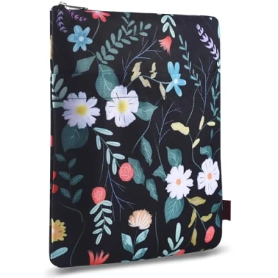 Image of LParkin Black Floral Book Sleeve with Zipper, Washable Fabric Protector Cover for Lover, Medium 11 Inch X 8.7