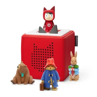 Image of tonies Toniebox Favourites Bundle Incl. 1 Creative 3 content, We&#039;re going on a bear hunt, Paddington, Peter Rabbit, Screen Free Music Player for Kids, Early Development &amp; Activity Toys, Red