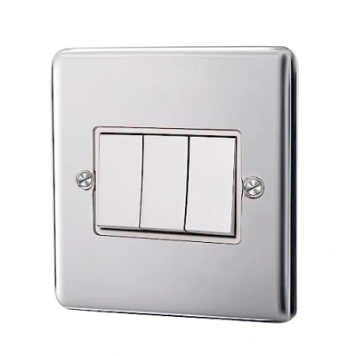 Image of ASAB 3 Gang 2 Way 10A Plate Switch PGM 33667 Brushed Steel Design Durable Polished Finish Soft Smooth Edges Easy Install Excellent Electrical Conductivity Commercial and Residential Use