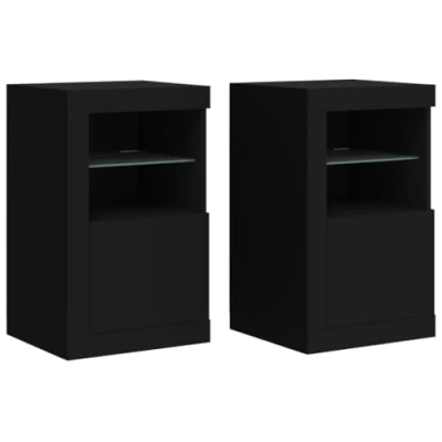 Image of vidaXL Side Cabinets 2pcs with LED Lights, Fashionable Black Engineered Wood and Glass Storage Cabinet for Living Room