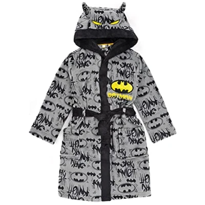 Image of DC Comics Batman Dressing Gown For Boys &amp; Girls Kids Grey Dark Knight Movie Pocket Bathrobe Children’s Soft Fluffy Pjs Robe 8 9 Years