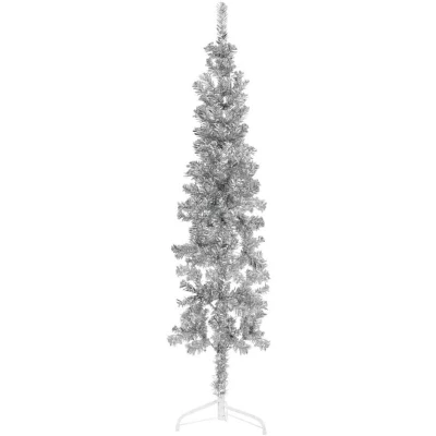 Image of &#039;vidaXL Slim Artificial Half Christmas Tree Silver 180 cm Tall Space Saving Design Durable PVC &amp; Steel Material Easy to Assemble