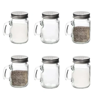 Image of Glass Mason Jars 6 Pack Salt and Pepper Shaker Set with Handles &amp; Silver Lids 4oz Capacity, Easy Refill, Farmhouse Style, Shakers, Pots, (Pack of 6)