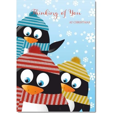 Image of doodlecards Thinking Of You Christmas Card Three Penquins Medium Size for with Plain Envelope