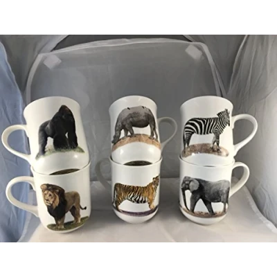 Image of Set of 6 FINE Bone China Safari AMIMALS 10OZ Mugs Free UK DELIVERY