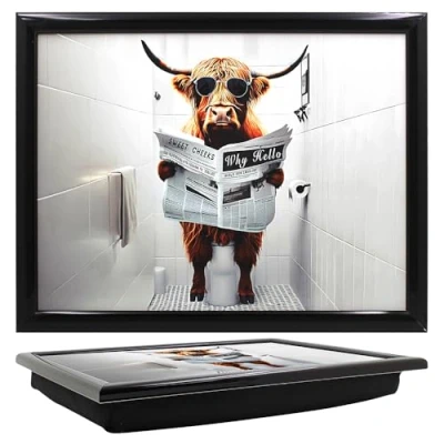 Image of Tamersgifts Cushioned Laptrays lap Tray TV Dinner Bean Bag Padded Cushion Gift (Cow on toilet tray)