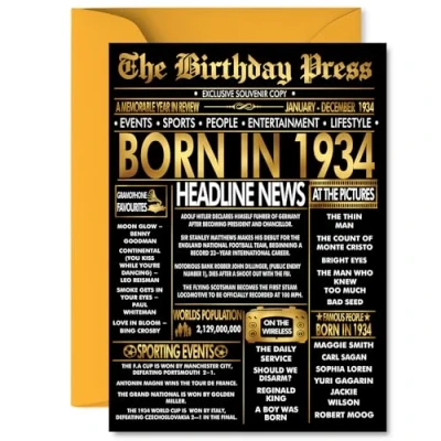 Image of Gold 91st Birthday Card for Men Women Black &amp; Golden Newspaper Born in 1934 Happy 91 Cards Nan Grandad Wife Auntie Nanny Uncle, 5x7 Inch Bday Greeting