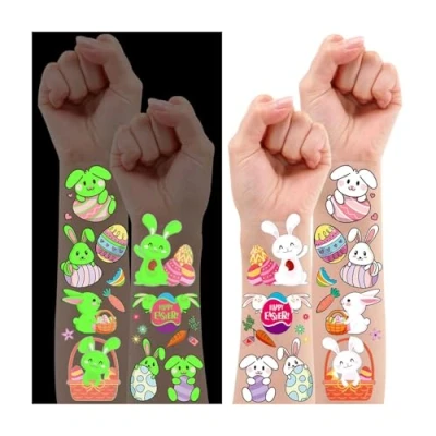 Image of Leesgel Easter Decorations for Boys Girls, 10 Sheets Luminous Temporary Tattoos Kids Basket Bags Fillers, Eggs Tattoo Stickers Glow Party Supplies Favors