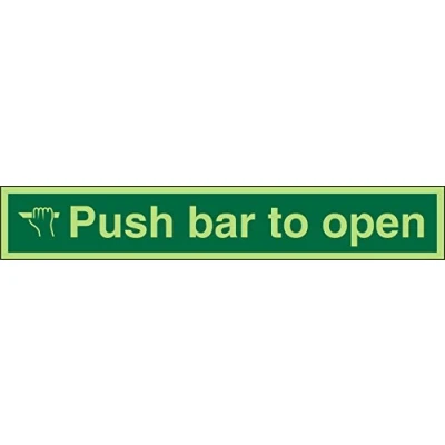 Image of Seco Push Bar to Open Sign, 600mm x 100mm Photoluminescent 1mm Semi Rigid Plastic