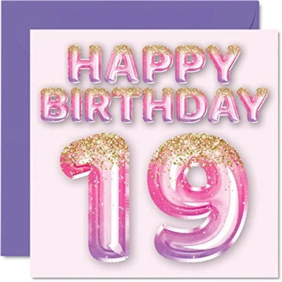 Image of 19th Birthday Card for Women Pink &amp; Purple Glitter Balloons Happy Cards 19 Year Old Woman Daughter Sister Auntie Cousin, 145mm x Nineteen Nineteenth Bday Greeting Gift