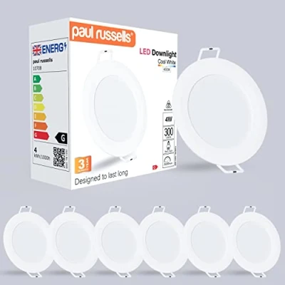 Image of paul russells LED Ceiling Downlights, 4W Slim Recessed Bathroom Kitchen Ceilings, 300 Lumens, 4000K Cool/Natural White, Cutout 70 80mm, Round Non Dimmable Panel Spotlights, 6 Packs