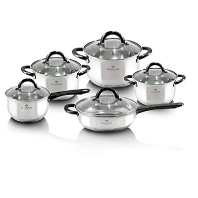 Image of Berlinger Haus Kitchen Stainless Steel with Black Gourmet Line Cookware Set Ergonomic Soft Touch Handle and Precision Fit Tempered Glass Lids Eco Friendly, PFOA, Lead, Cadmium Free 10 Piece