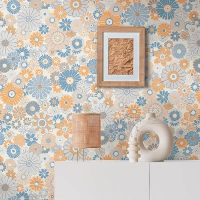 Image of A.S. Création Retro 70&#039;s Daisy Floral Wallpaper Blue/Orange/Grey/Cream Beige Chic 395352 8.50m x 0.53m Paste The Wall