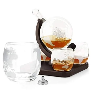 Image of Maverton Globe Whiskey Decanter Set with 4 Glasses 850 ml Carafe Ship Inside Gift for Couple