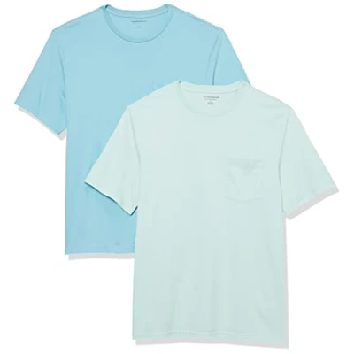 Image of Amazon Essentials Men&#039;s T Shirt Regular Fit Short Sleeve Crewneck Pocket, Pack of 2, Aqua Blue/Light Blue, XS