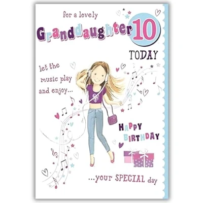 Image of Granddaughter 10th Birthday Card Age 10 Special Finish Lovely Contemporary Music Themed Design Made in the UK Eco Friendly