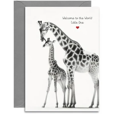 Image of New baby Card Hello Little One for boy or girl Newborn Congratulations Card. Cute neutral giraffe design