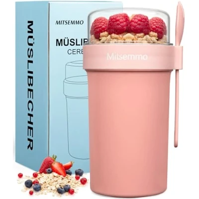 Image of Mitsemmo Cereal Cup On The Go,760ml+230ml Breakfast Pots to Go,Yogurt and Granola Pot with Sauce Container,Travel Bowl Milk Container for Work,Reusable Overnight Oats Jar Lid &amp; Spoon