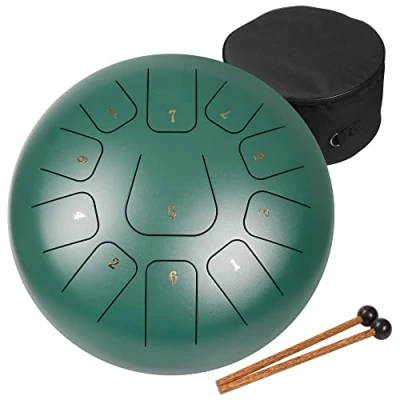 Image of Amkoskr 10 Inches 25cm Steel Tongue Drum C Key 11 Notes Percussion Instrument Hand Pan with Mallets/Carry Bag(Green)