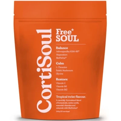 Image of Free Soul CortiSoul Nutrient Rich Superfoods, Adaptogens &amp; Vitamins with L theanine, KSM 66® Ashwagandha, Magnesium Reishi Mushrooms Vegan 30 Servings Cortisol Tropical Twist Flavour