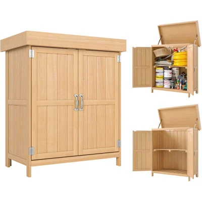 Image of Outsunny Outdoor Garden Storage Shed Tool Wooden Box w/Hinged Roof 74x43x88cm, Natural
