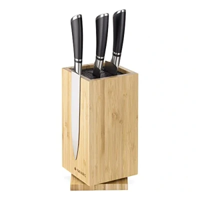 Image of Navaris Bamboo Kitchen Knife Block Magnetic Rotating Bristle Holder Universal Storage Stand with Bristles 25 x 12.5 cm