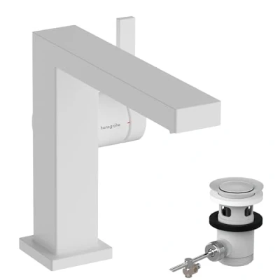 Image of hansgrohe Tecturis E Fine bathroom tap with pop up waste set, energy saving (CoolStart), sink spout height 110 mm, basin mixer water (EcoSmart+), matt white, 73023700