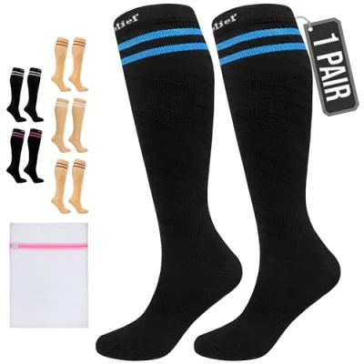 Image of 360 RELIEF Compression Socks for Women Men, 15 20 mmHg Supports Blood Circulation, Travel Flight Socks, Varicose Veins, Pregnancy Stockings S/M, Black with 2 Blue lines + Laundry Bag