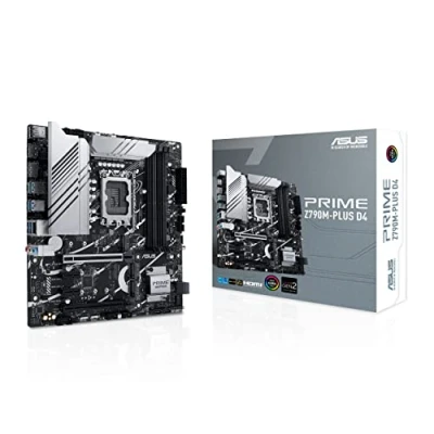 Image of ASUS Prime Z790M PLUS D4, an Intel Z790 LGA 1700 mATX motherboard with PCIe 5.0, three M.2 slots, 10+1 DrMOS, DDR4, 1 Gb LAN, HDMI, DP, USB 3.2 Gen 2x2 Type C, front C