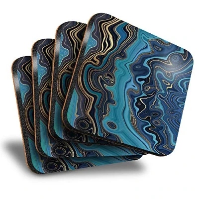 Image of Destination Vinyl ltd Great Coasters (Set of 4) Square Blue Marble Ink Art Gold Deco Drink Glossy Coasters/Tabletop Protection for Any Table Type #21519