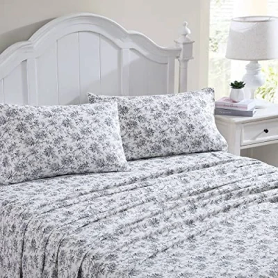 Image of Laura Ashley Home Full Sheets, Cotton Flannel Bedding Set, Brushed for Extra Softness &amp; Comfort (Black Faye Toile, 4pcs, Full)