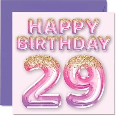 Image of 29th Birthday Card for Women Pink &amp; Purple Glitter Balloons Happy Cards 29 Year Old Woman Daughter Sister Auntie Cousin, 145mm x Twenty Nine Ninth Greeting Gift