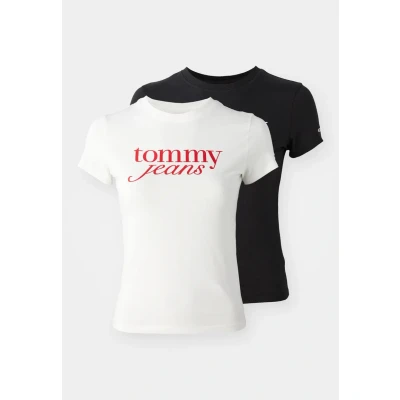 Image of Tommy Jeans Essential LOGO TEE 2 PACK Print Tshirt, Women&#039;s, Size: 12, Ecru/black