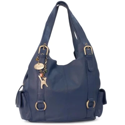 Image of Catwalk Collection Handbags Women&#039;s Large Leather Shoulder Bag Hobo Tote With Zip Handbag Multiple Compartments ALEX Blue