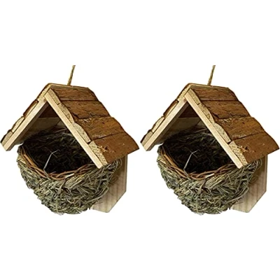 Image of Pack of 2 Woven House Martin Bird Nesters with Wooden Roof