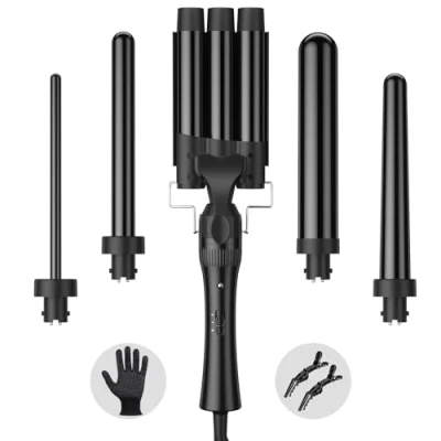 Image of Hair Waver Curling Wand Iron Tong, Chopstick, 5 in 1 Curler for Long 10mm 32mm with 2 Crocodile Clips Anti Scald Silicone Gloves, PTC Ceramic Triple Barrels LCD 180C &amp; 210C