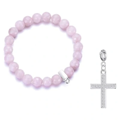 Image of Philip Jones Faceted Rose Quartz Gemstone Bracelet with Cross Charm Created Zircondia® Crystals