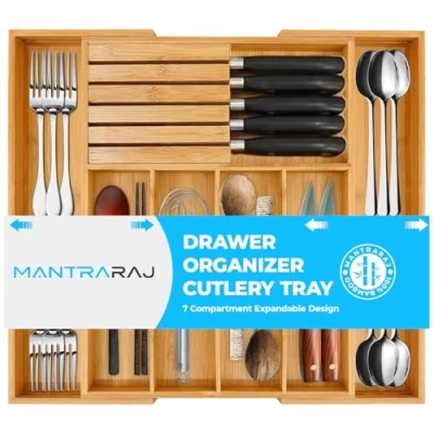 Image of MantraRaj Bamboo Cutlery Drawer Organiser Large Expandable Wooden Tray For kitchen Drawers 5 7 Compartment Divider Utensils Holder Silverware And Flatware