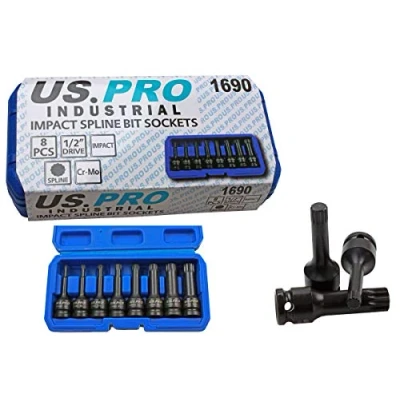 Image of Us Pro Industrial 8pc 1/2&#039;&#039; Impact spline Socket Bit Set M5 M18 Bits Cr Mo 78mm length