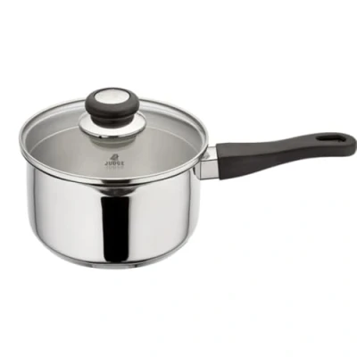 Image of Judge Vista Draining Stainless Steel Large Saucepan with Pouring Lip 18cm 2.1L, Shatterproof Glass Strain &amp; Pour Lid, Induction Ready, Oven Safe