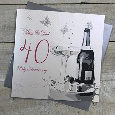 Image of white cotton cards Large Mum and Dad Ruby Wedding, Handmade 40th Anniversary Card, White, XLBD40M