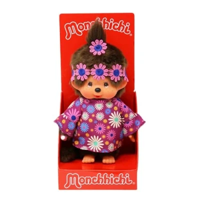 Image of Sekiguchi 252893 Original Monchhichi Girl Flower Power in Purple and Blue, Approx. 20 cm Cuddly Toy Made of Brown Plush