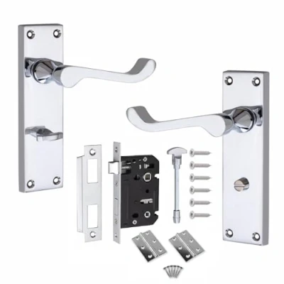 Image of Victorian Scroll Polished Chrome Bathroom Door Handle Lock Pack with 64mm + 3&quot; Hinges