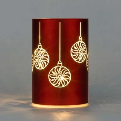 Image of SHATCHI 17cm Christmas Decorated Vase Table Lamp Etched Glass Tube Xmas Red Cylinder LED Fairy Lights Battery Operated Decoration