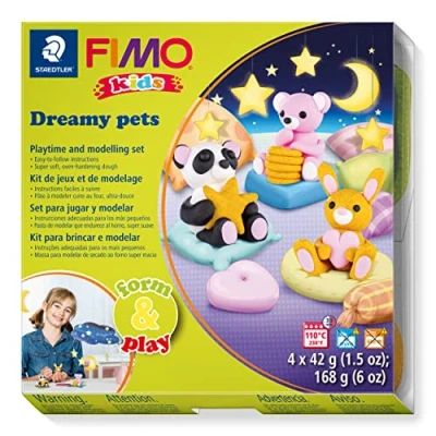 Image of STAEDTLER 8034 28 LZ FIMO Kids Form&amp;Play Playtime and Modelling Polymer Clay Set &quot;Dreamy Pets&quot; (Pack Of 4 Blocks, Stickers, Tools Background Scene)