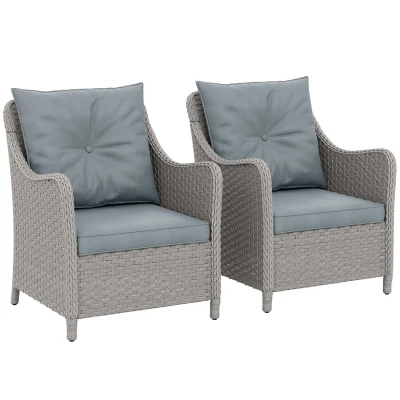 Image of Outsunny Rattan Garden Chairs Set of 2, Outdoor with Cushions, Armrests and High Back, PE Wicker Armchair Steel Frame for Balcony, Porch, Light Grey