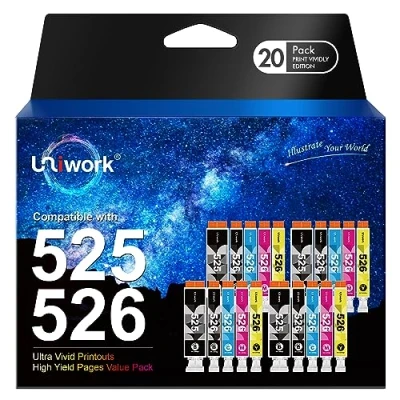 Image of Uniwork Compatible Ink Cartridge Replacement for Canon PGI 525 CLI 526 PIXMA IP4850 IP4950 MG5150 MG5250 MG5350 MG6150 MG6250 IX6550(PGBK Black Cyan Magenta Yellow, 20 Pack)