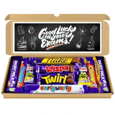 Image of Selection Box Chocolate Hamper Letter Gift 10 Fullsize Dairy Milk bars Ideal Gifts For Women, Men, Kids (Good Luck Exams)